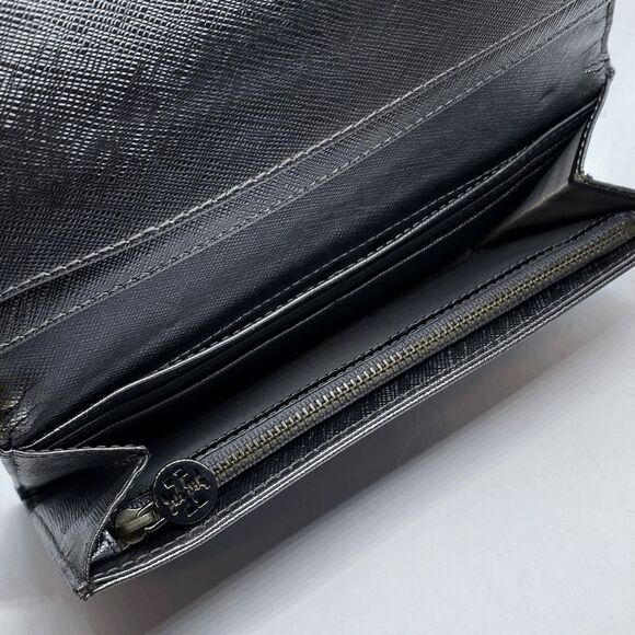 **TORN/FLAWS** Authentic Dark Silver Metallic Tory Burch Long Wallet - Picture 9 of 13
